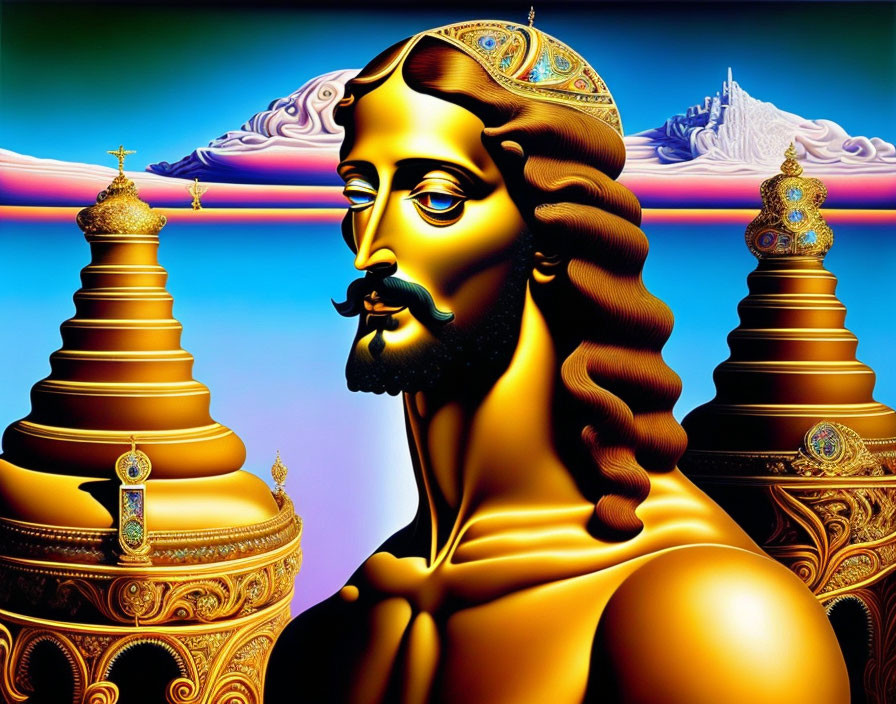 Golden regal figure with crown and ornate robes against mountain backdrop