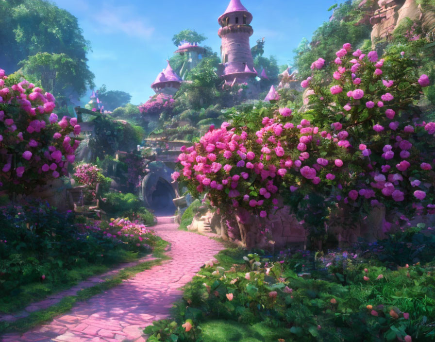 Fantasy garden with stone path to castle amid pink flowering bushes