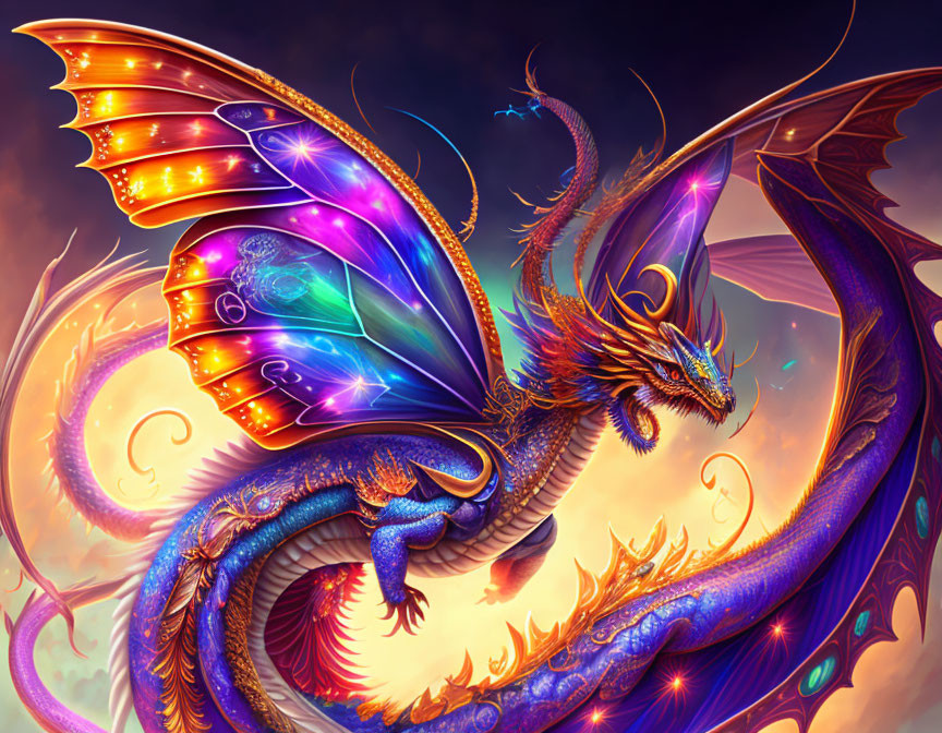 Colorful Dragon with Butterfly Wings in Twilight Sky