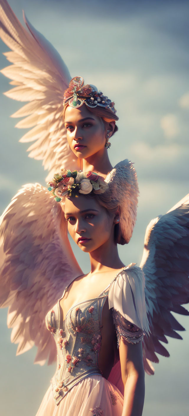 Ethereal women with angelic wings and floral crowns in moody sky