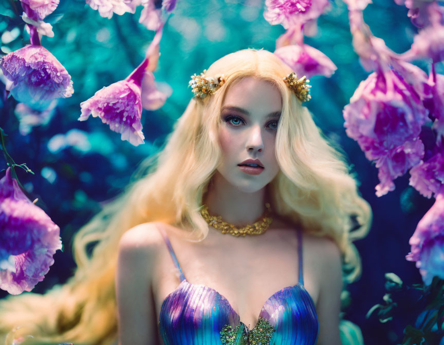 Blonde woman with golden crown in purple flower setting