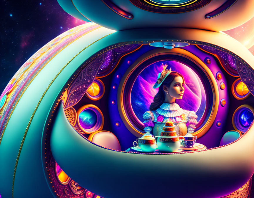 Vibrant cosmic-themed image of woman in royal attire within ornate spherical structure