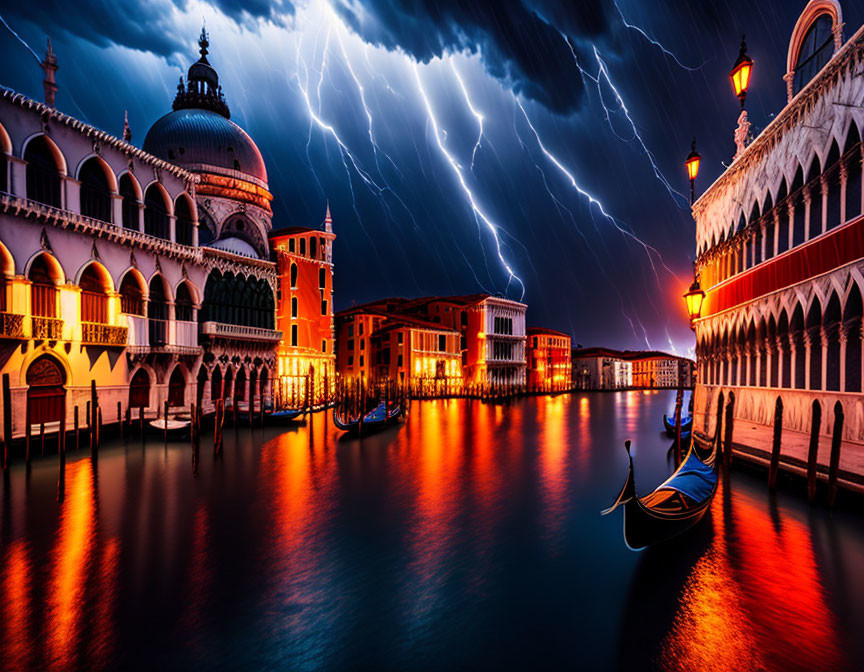 Dramatic Night Scene in Venice with Lightning Over Grand Canal