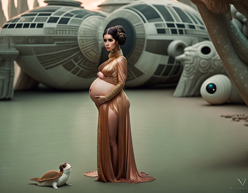 Pregnant Woman in Flowing Gown with Fantasy Creature in Futuristic Setting