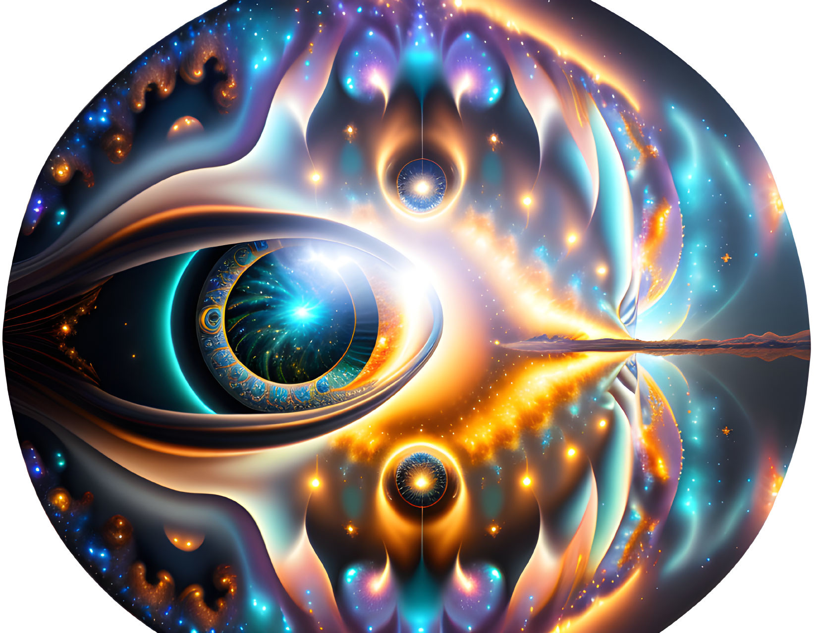 Abstract Cosmic Eye Artwork with Stars and Nebulas in Blue, Orange, and White Palette