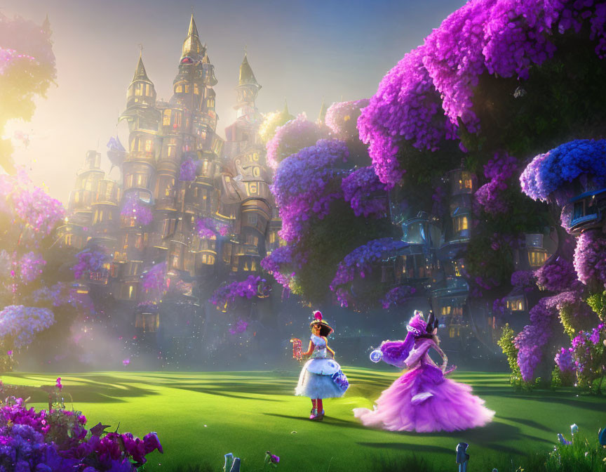 Animated characters in elegant attire on lush green path with castle and purple trees.