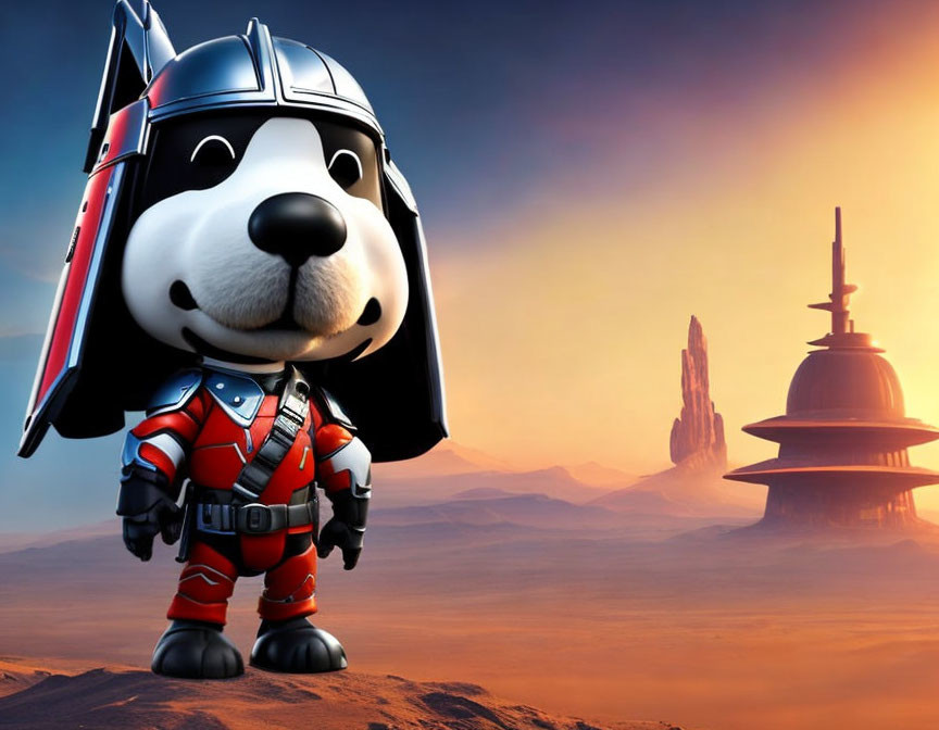 Futuristic 3D-Animated Dog in Red and Black Armor Suit on Sci-Fi Desert Background