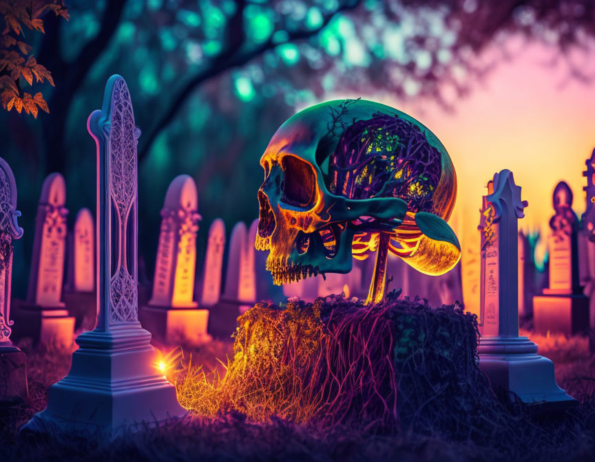 Skull with tree inside, on stump in graveyard, surreal lighting.