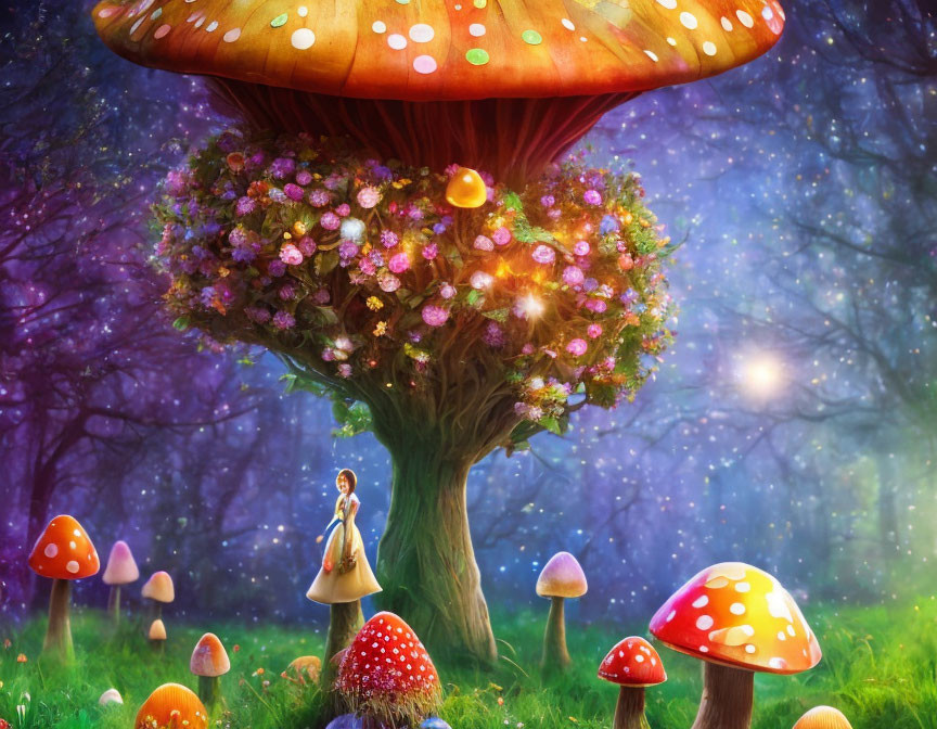 Woman under large flowering mushroom tree in colorful fairy-tale forest