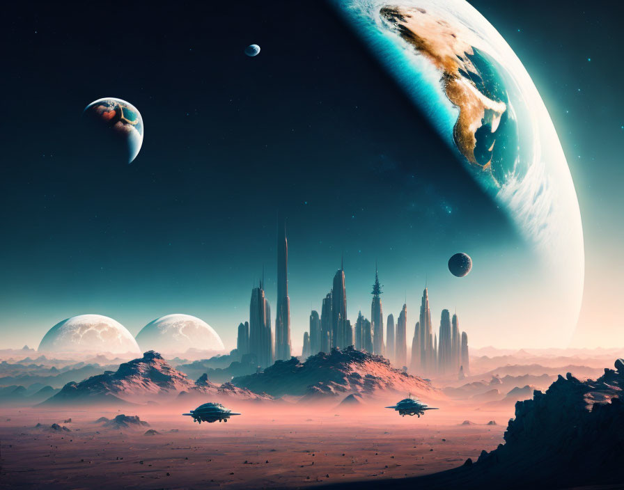 Futuristic desert city with moons, planets, and flying saucers at twilight