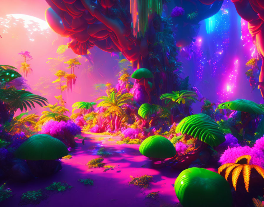 Neon-colored forest with oversized mushrooms under pink sky