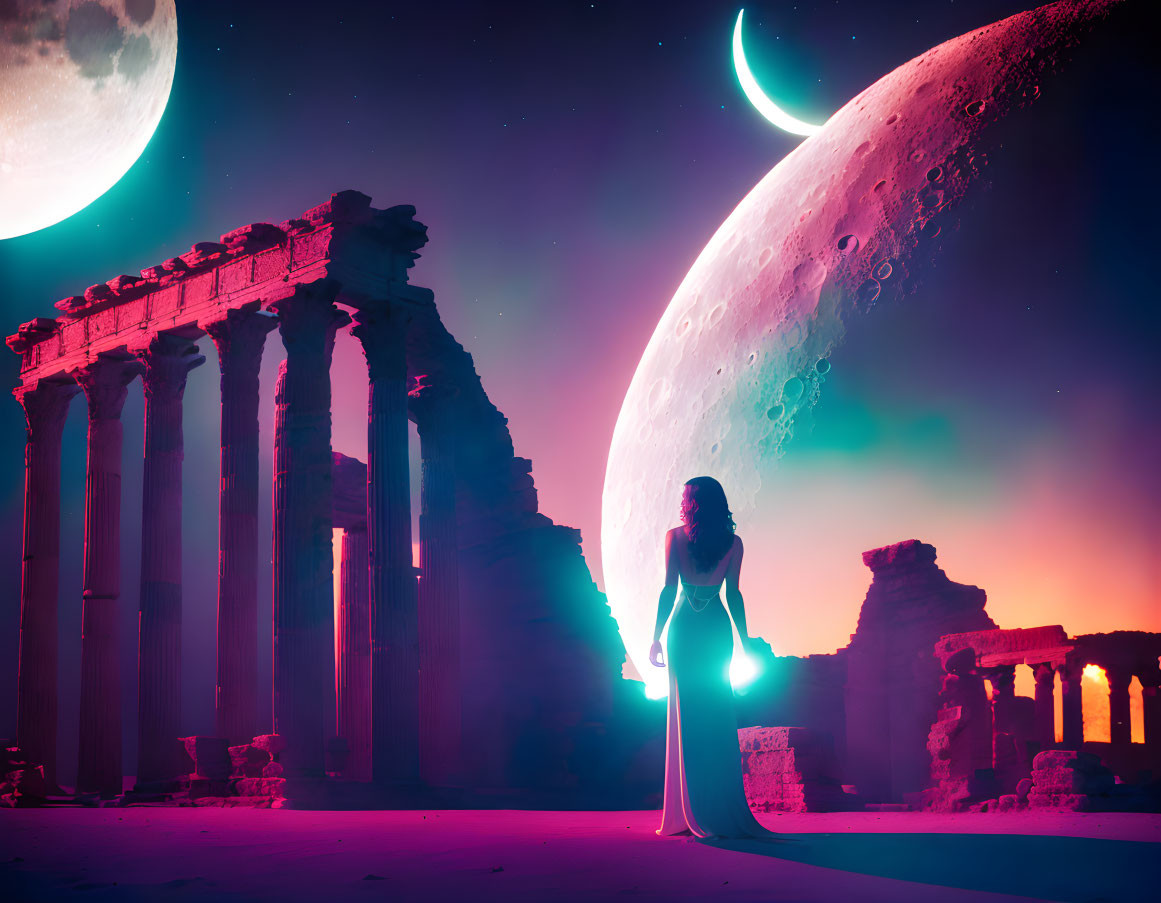 Woman in neon-lit landscape with two moons among ancient ruins