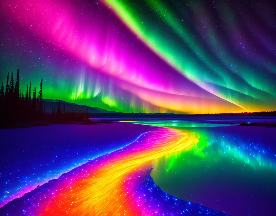 Colorful Aurora Borealis Over Icy Landscape