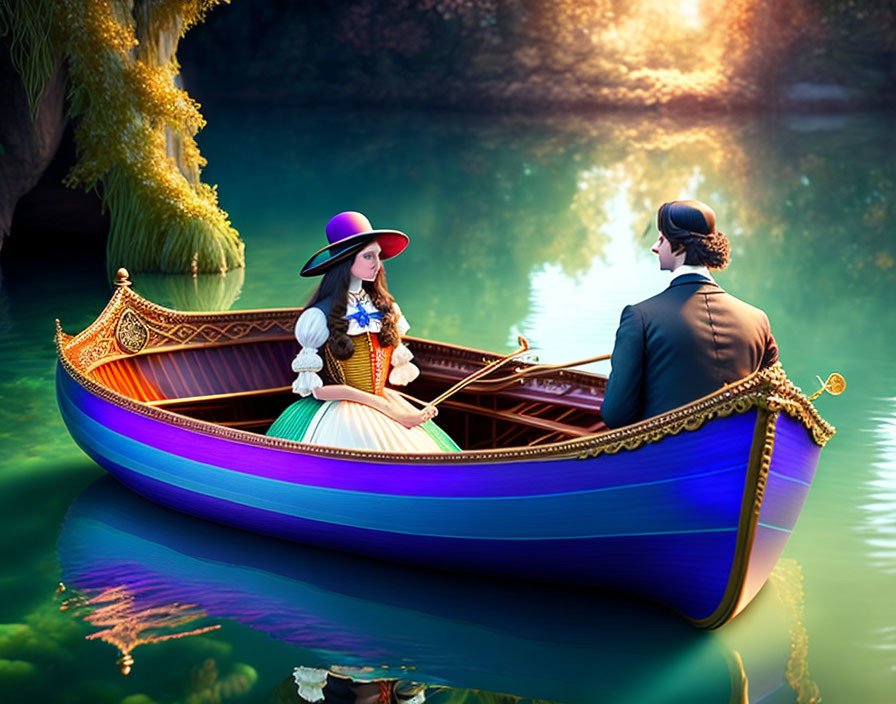 Woman in historical dress on vibrant boat conversing with man in formal attire rowing
