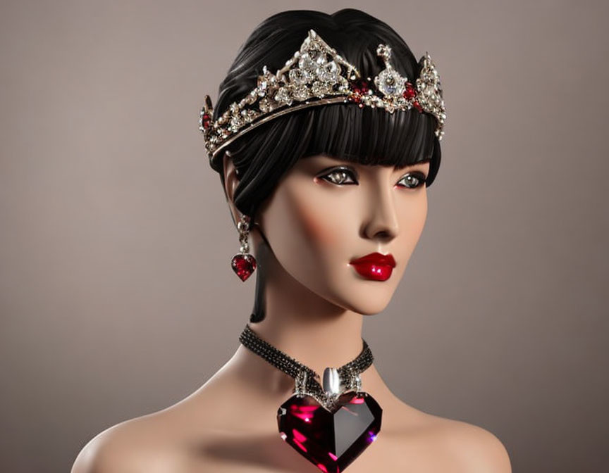 Mannequin head with ornate crown, heart necklace, and earrings on taupe background