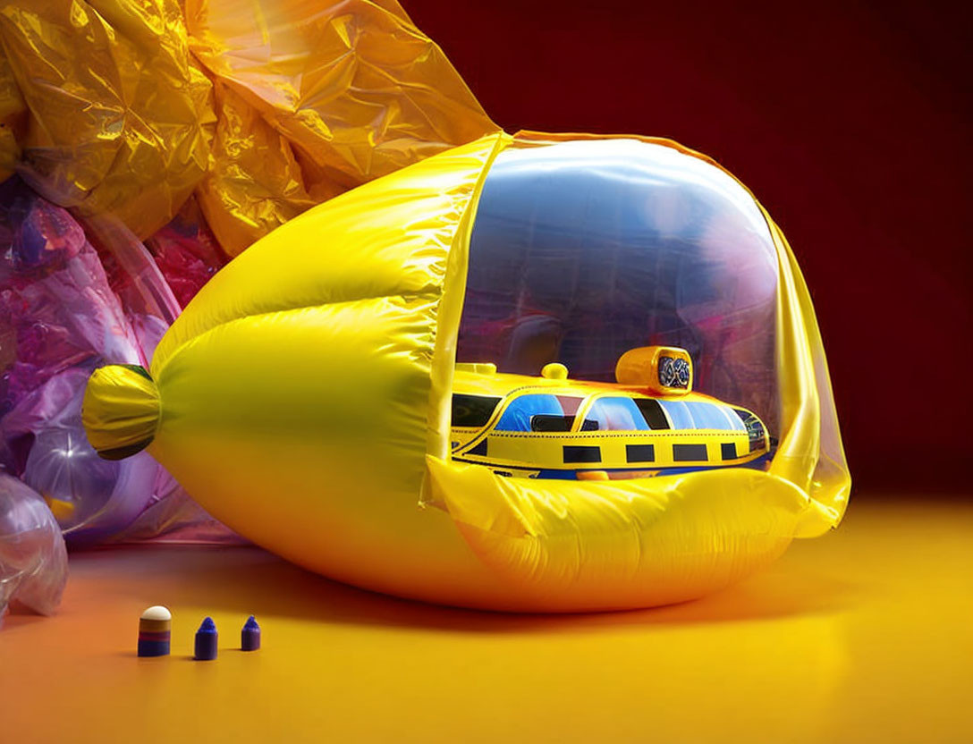 Deflated yellow inflatable submarine on red and yellow background