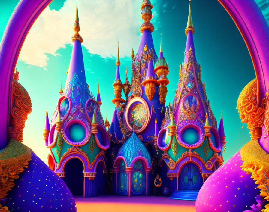 Fantasy castle with ornate spires and archways in blue, purple, and gold hues.