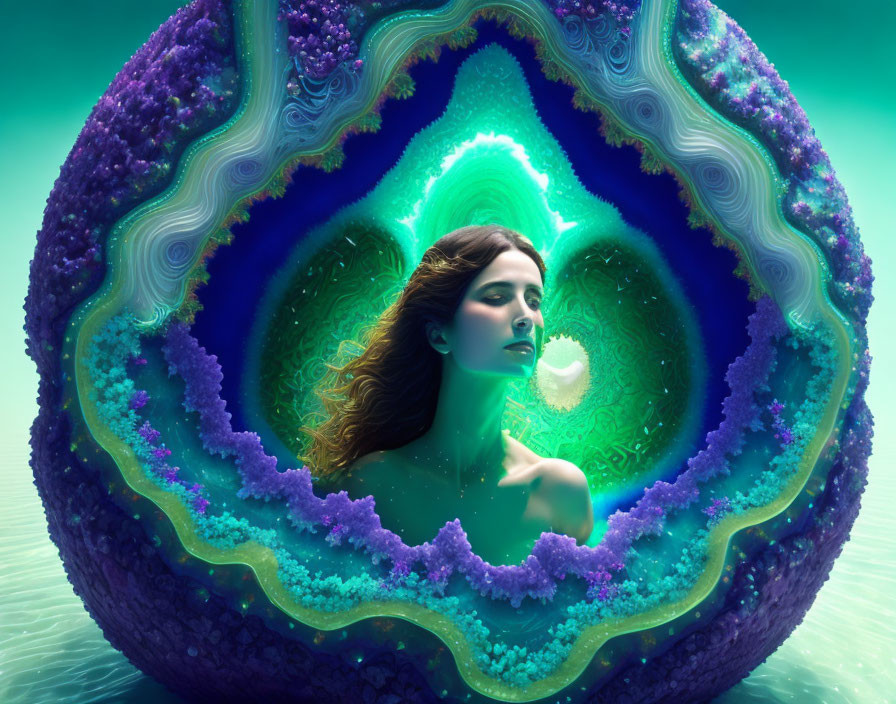 Woman emerging from vibrant geode in mystical environment