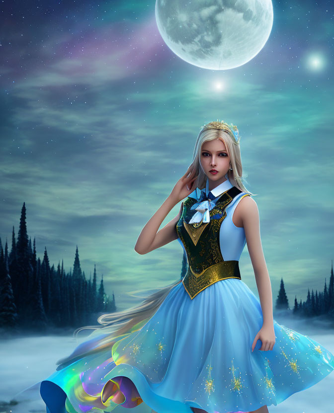 Digital artwork of woman in blue and gold princess dress under night sky