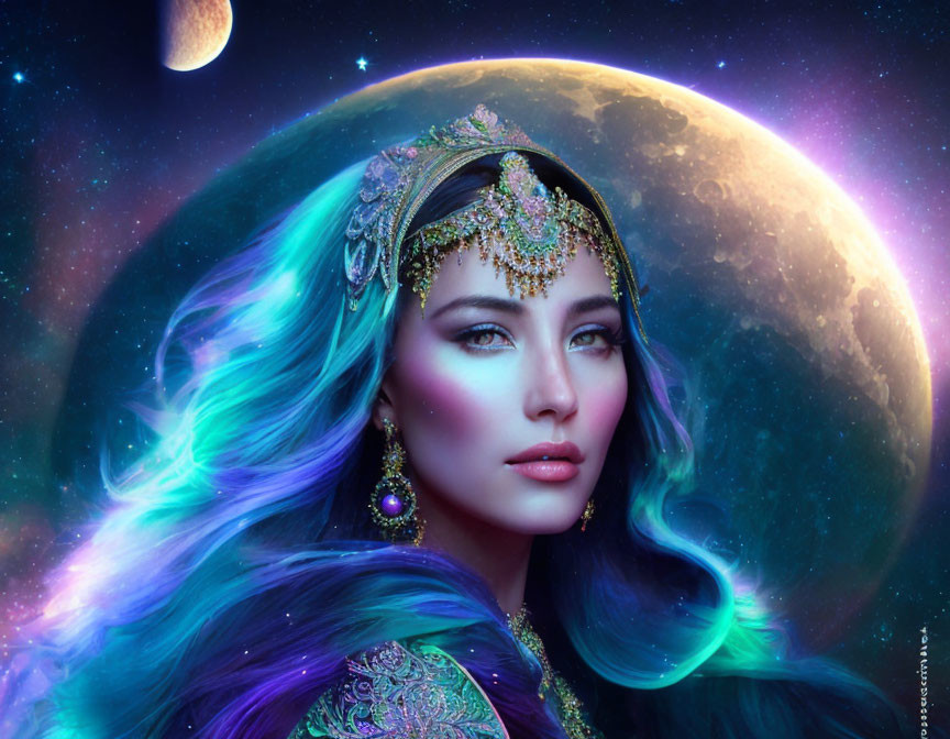 Digital artwork featuring woman with blue hair and traditional jewelry in cosmic setting.