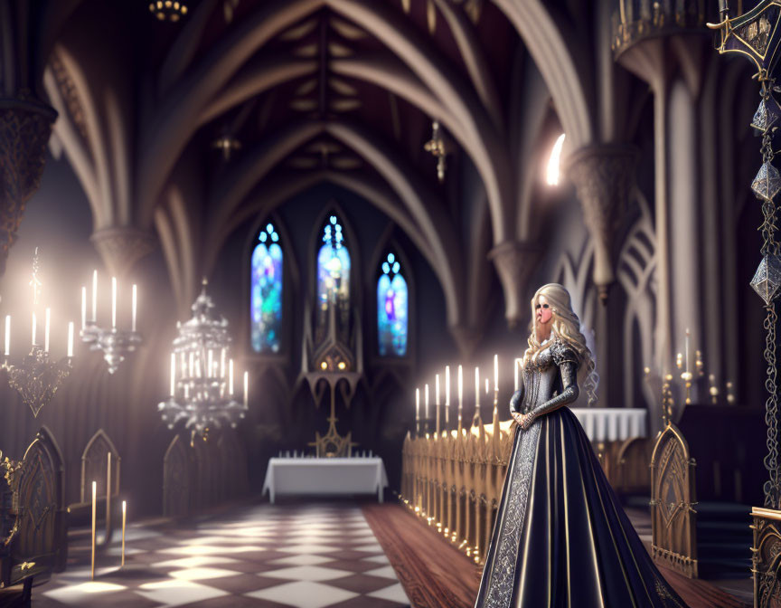 Regal woman in lavish gown in candlelit cathedral