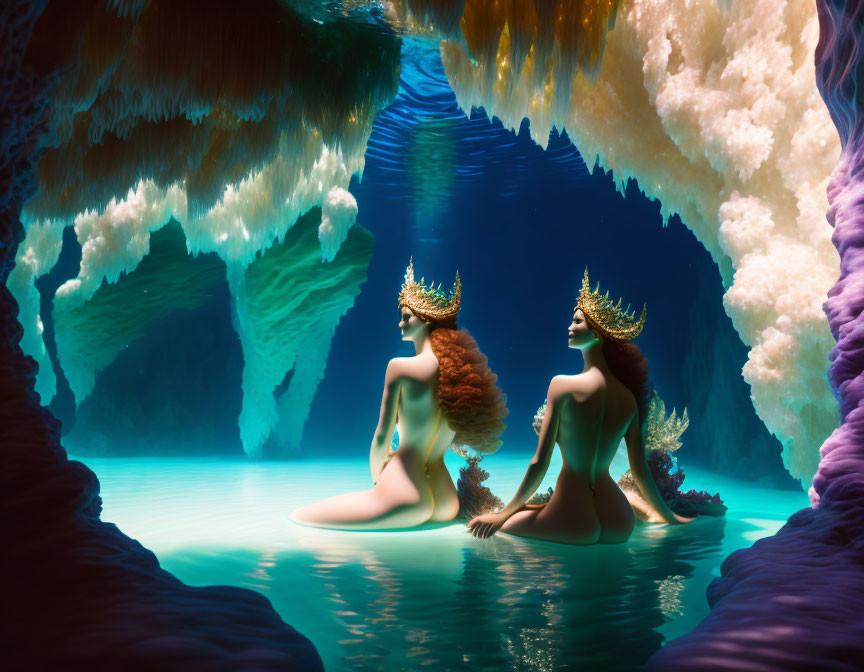 Mermaids with Crowns in Vibrant Underwater Cave