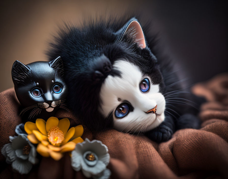 Realistic plush black and white cat with blue eyes and yellow flowers on draped brown fabric