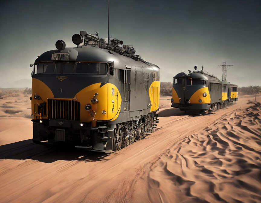 Vintage Trains with Yellow and Blue Livery Stranded in Desert Landscape