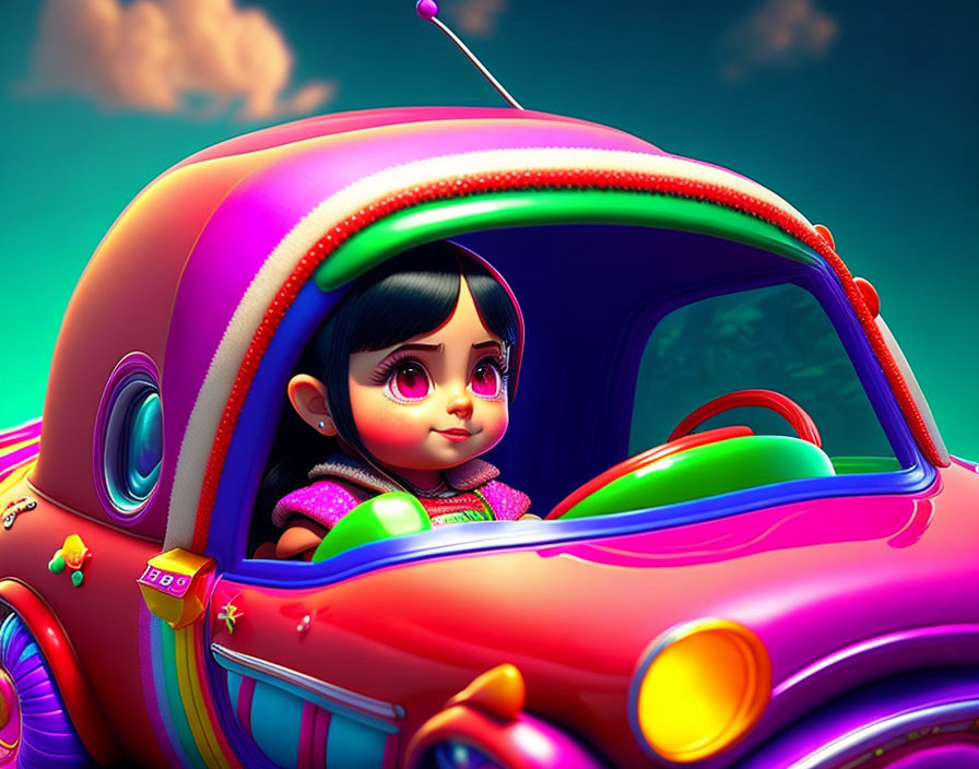 Colorful Animated Image: Young Girl Driving Rainbow Car on Teal Sky Background