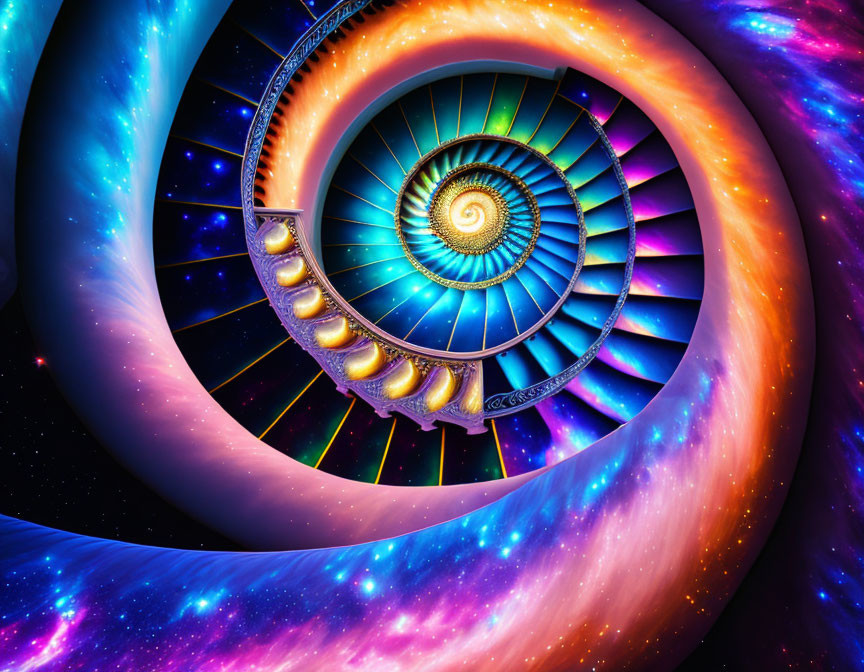 Colorful Fractal Spiral Staircase Against Cosmic Background