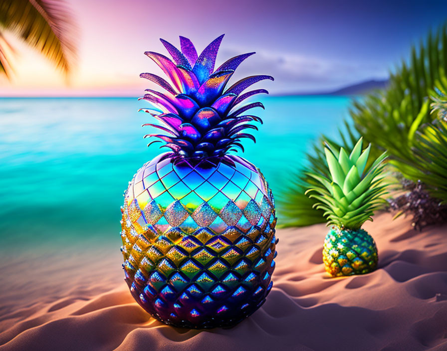 Vibrant iridescent pineapples on sandy beach with palm leaves at sunset