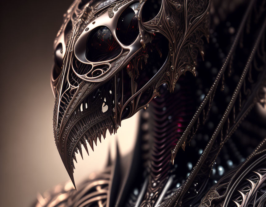 Detailed Metallic Dragon Head with Ornate Patterns and Red Eyes