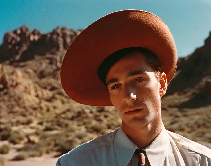 Person in oversized hat posing in desert with rocky landscape