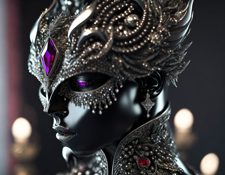 Intricate black mask with silver and purple details on mannequin's face