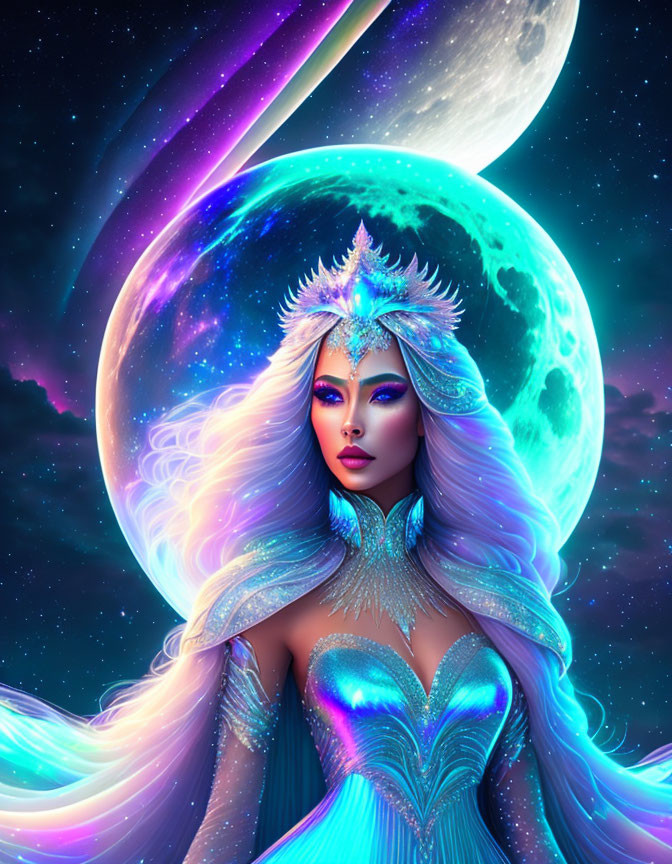 Fantasy art: Woman with white hair, blue dress, celestial background