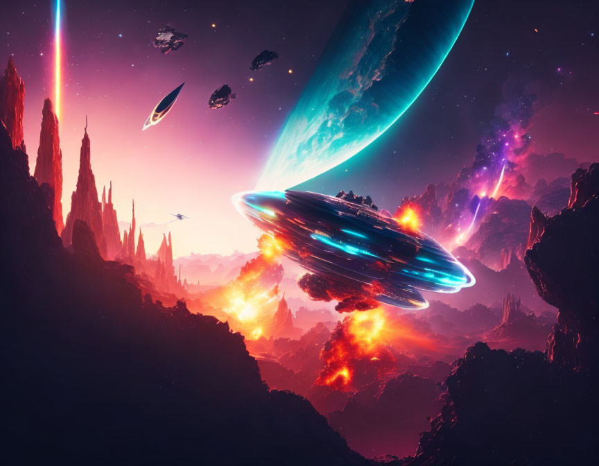 Colorful Sci-Fi Landscape with UFO and Nebulae