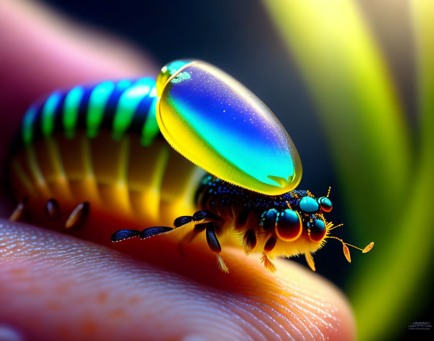 Colorful digital artwork: Fantastical insect on human fingertip