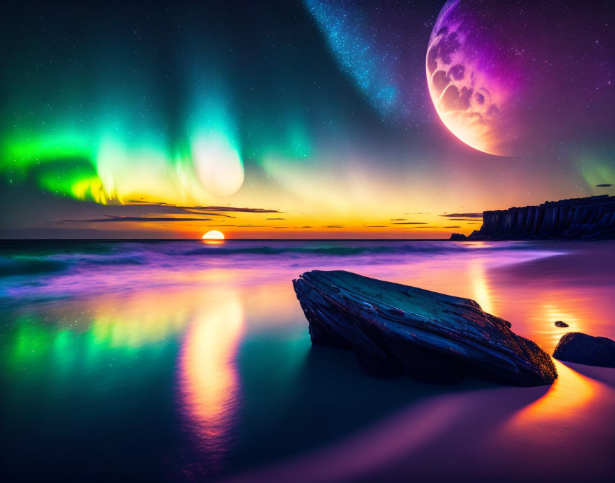 Scenic Sunset by the Sea with Aurora Borealis, Oversized Moon, and Starry Sky