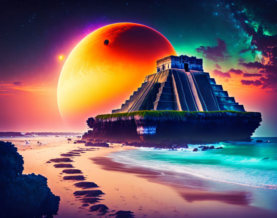 Ancient pyramid by the seashore under dramatic sky with surreal rising planet