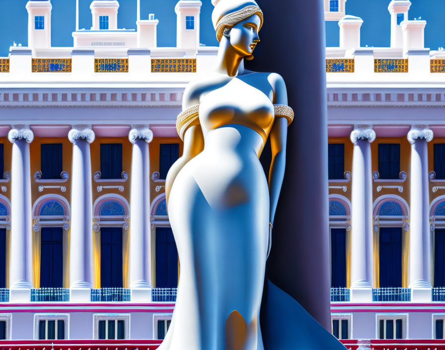 Stylized woman figure in blue dress near neoclassical building