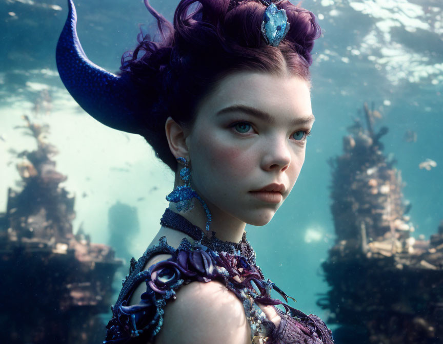 Young woman with purple hair in underwater fantasy scene