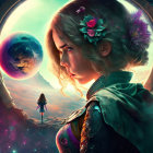 Fantastical portrait of woman with flower crown in cosmic landscape