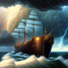 Sailing ship with unfurled sails in stormy sea under dramatic sky