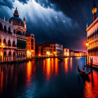 Dramatic Night Scene in Venice with Lightning Over Grand Canal