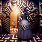 Stylized female figure in ornate dress with labyrinth patterns and maze backdrop