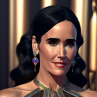 Dark-haired woman with glamorous makeup and gemstone jewelry at formal event