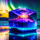 Surreal glowing cube with mountain landscape and Northern Lights