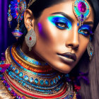 Woman in Vibrant Blue and Gold Jewelry and Makeup