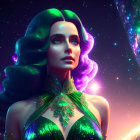 Vibrant cosmic portrait of woman with green hair