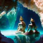 Mermaids with Crowns in Vibrant Underwater Cave